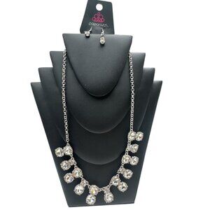 Paparazzi Rhinestone Statement Necklace & Earrings Set Silver-Tone Adjustable Ch